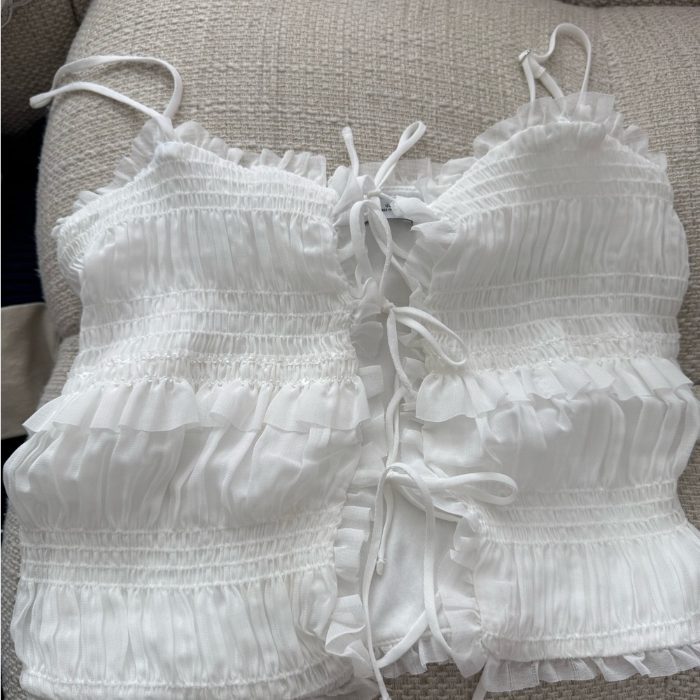 Bershka White Ruffled Tie-Front Top